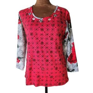 Vintage Surya‎ Top Size S Beaded Buttons Mixed Print Red Geometric Floral